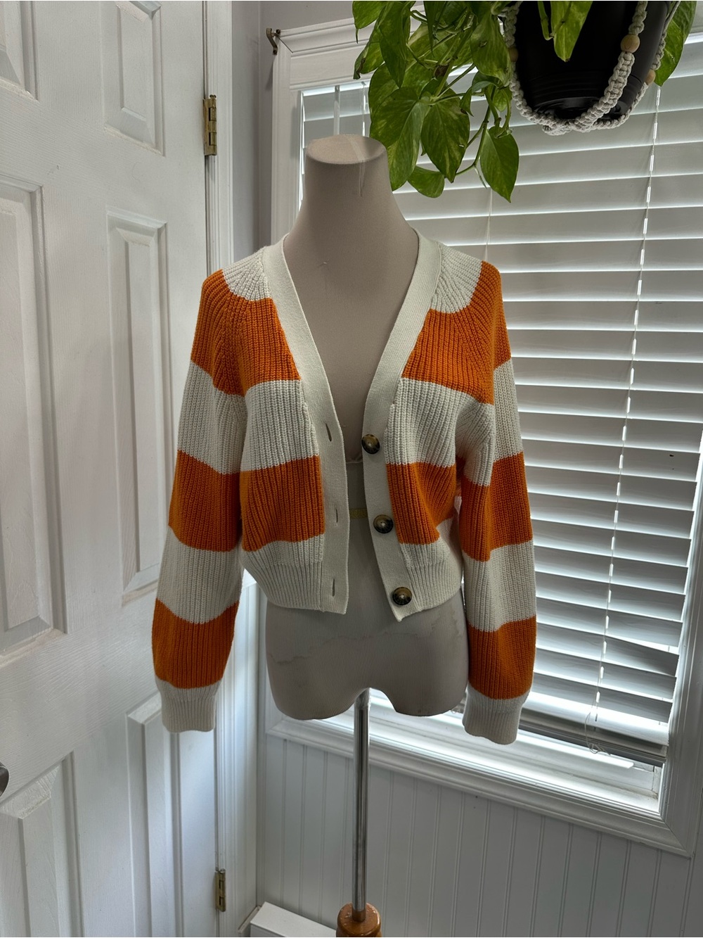 Monki Orange and Cream Striped Cropped Cardigan